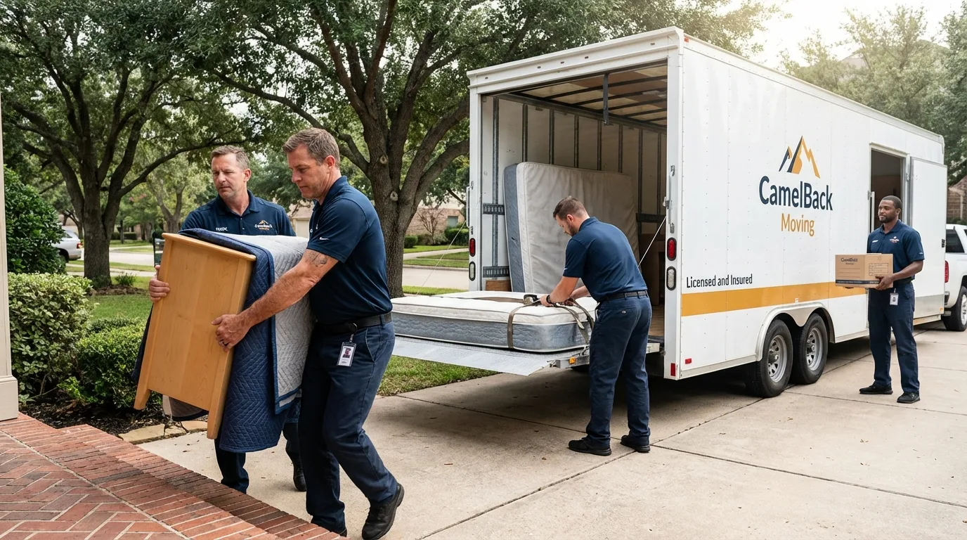Crew loading residential truck for cross-state move from Fletcher, OK