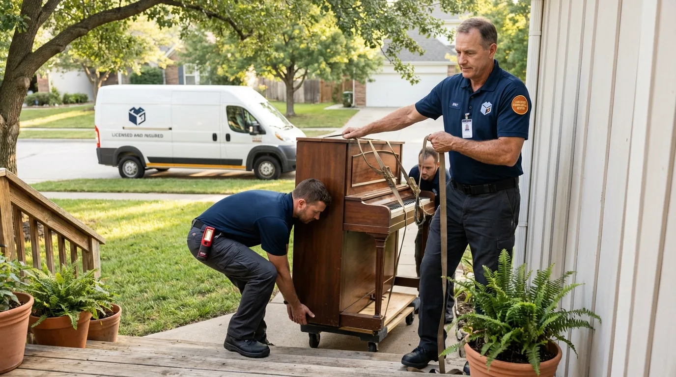 Licensed piano movers securing grand piano in Fletcher, OK