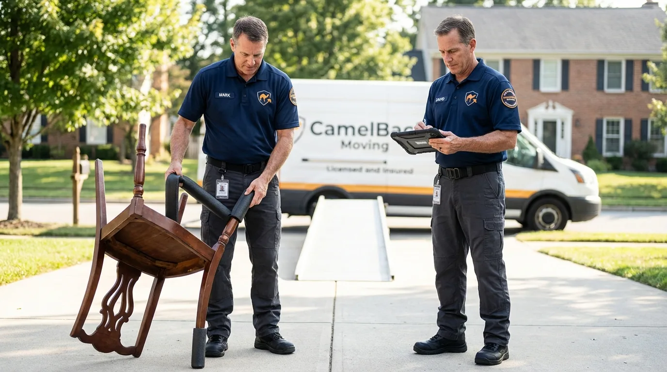 Movers inspecting furniture for damage prevention before loading in Fletcher, OK